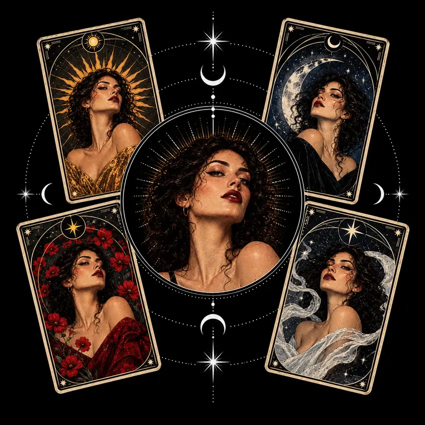 One color portrait reimagined as four distinct high-fashion tarot artworks