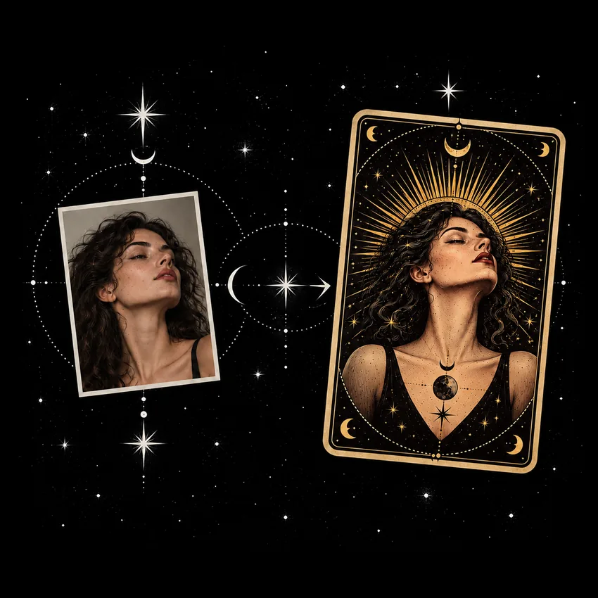 Color selfie becoming a personalized illustrated tarot card