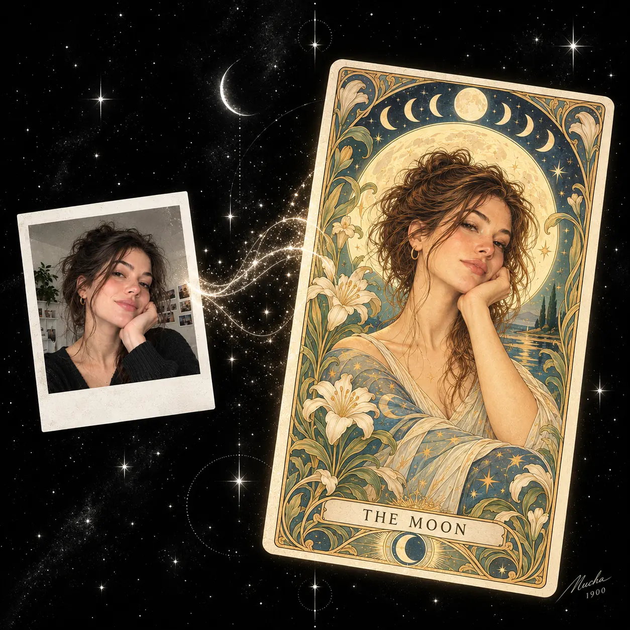 A selfie reimagined as colorful Art Nouveau tarot artwork in Hunch Tarot